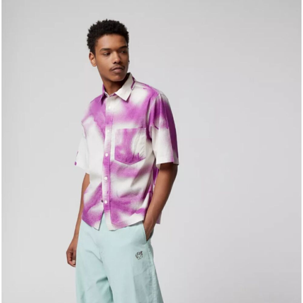 Urban Outfitters UO Ryan‎ Cotton Snap Front Shirt White with Purple Size Large